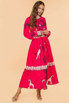 Ava Hot Pink Horse Print Dress Long Sleeve Smocked Collar Dress