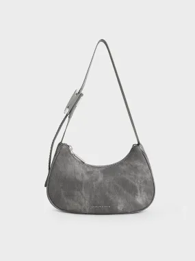 Denim Curved Metallic-Accent Shoulder Bag - Dark Grey