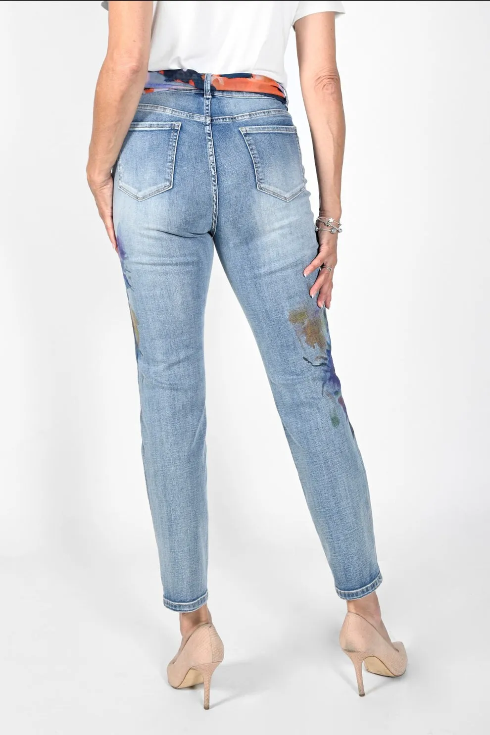 Floral Applique Skinny Jeans w/ Sheer Belt