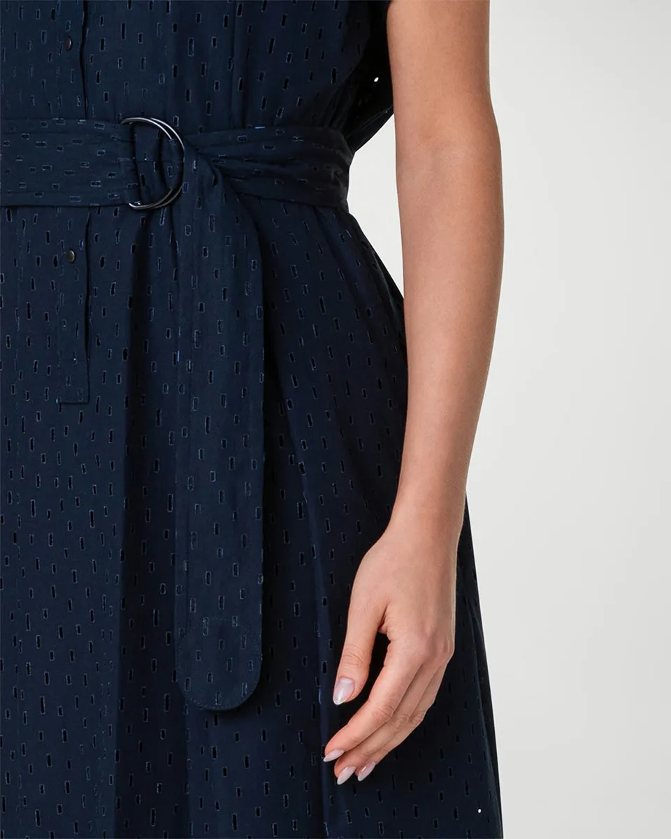 Lasercut Grid Cotton Poplin Dress with Belt