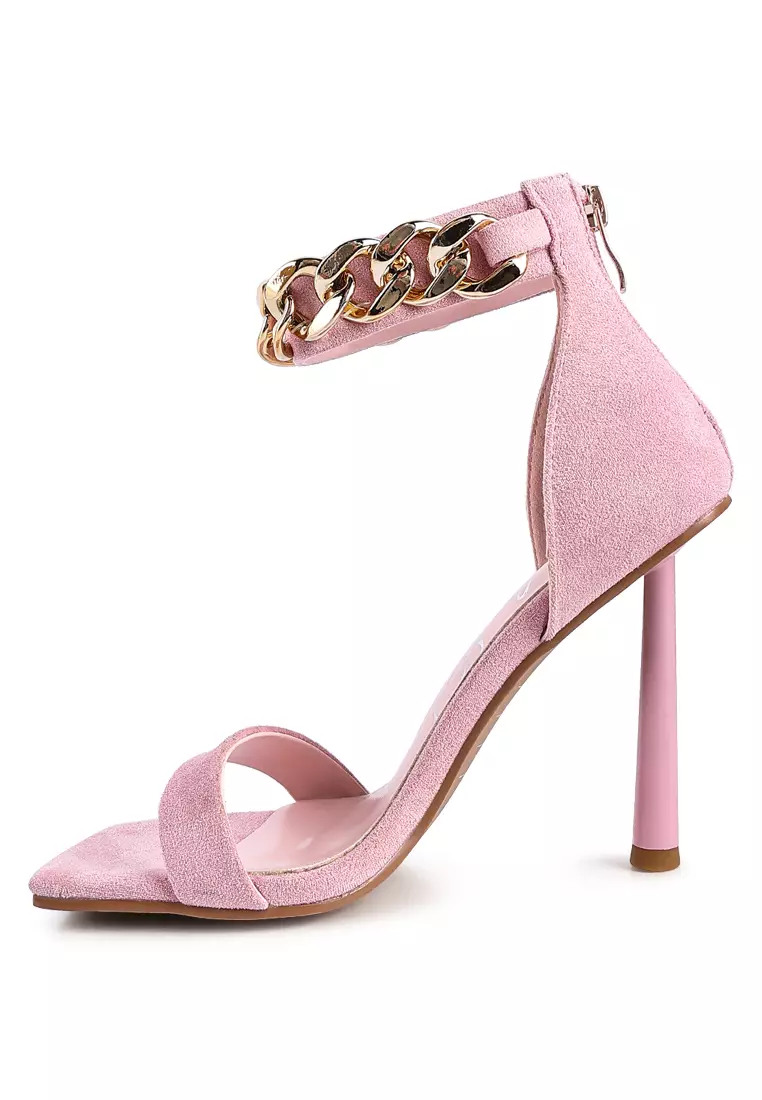London Rag Pink Heeled Faux Suede Chain Strap Sandal