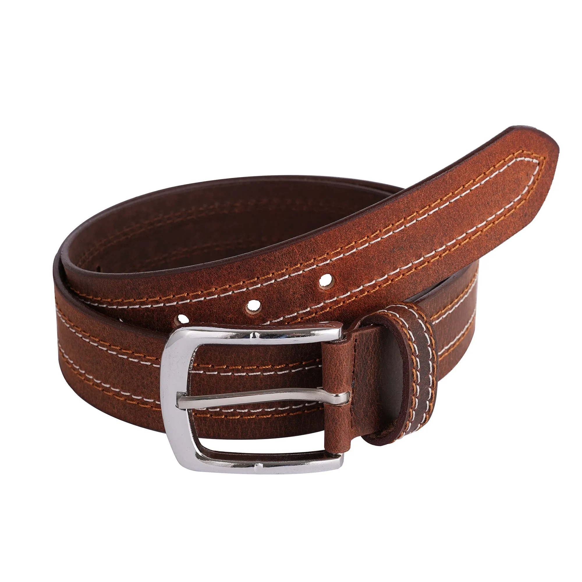 Mens Quad Stich Genuine Leather Belt - Casual Belt for Suits & Jeans, Single Prong Buckle