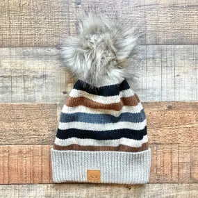 Panache Taupe/Gray/Brown/Black Striped Fleece Lined Knit Pom Beanie