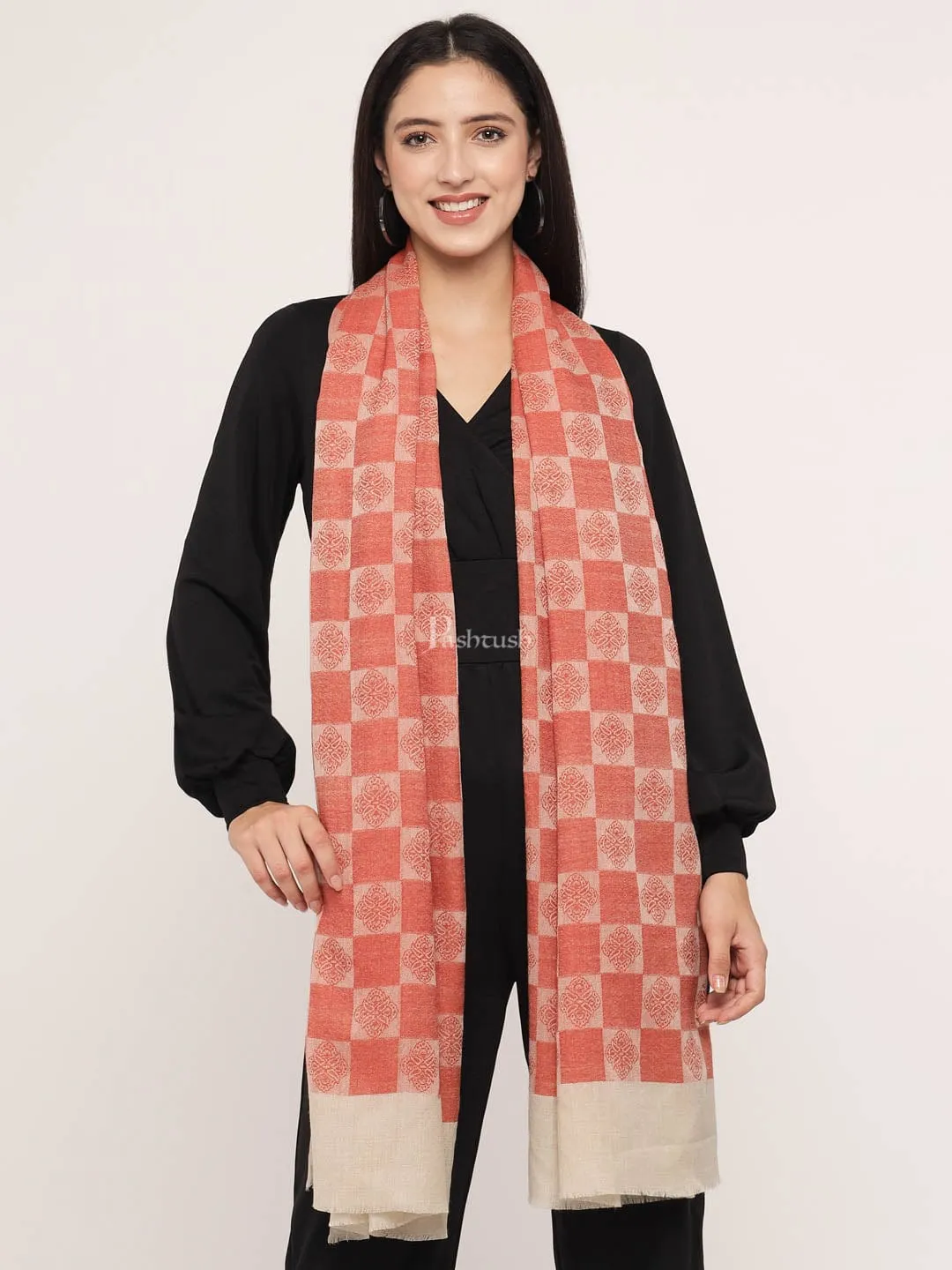 Pashtush Womens Fine Wool Stole, Checkered Weave, Soft and Warm, Orange