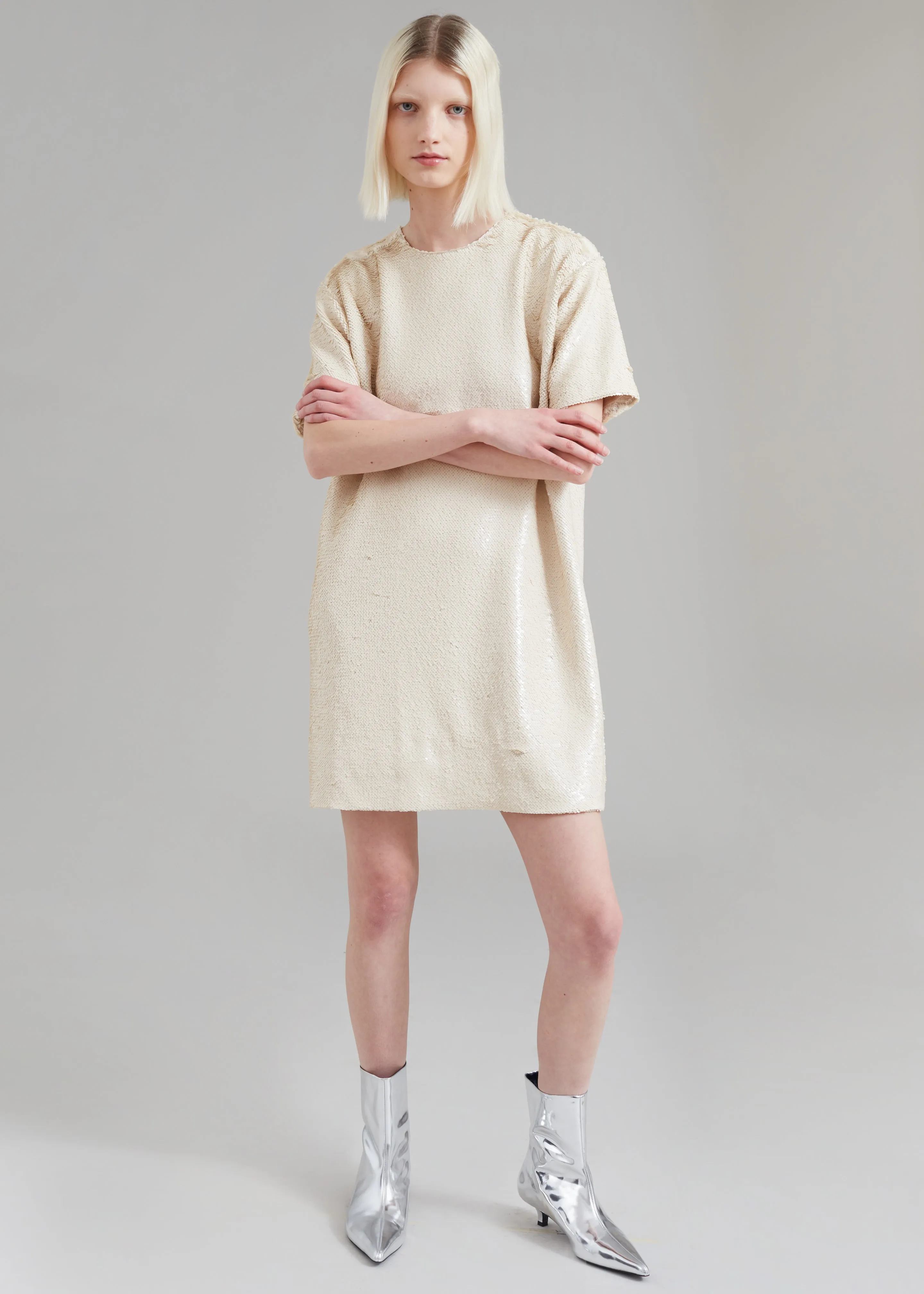 Riley Sequins Tee Mini Dress - Cream