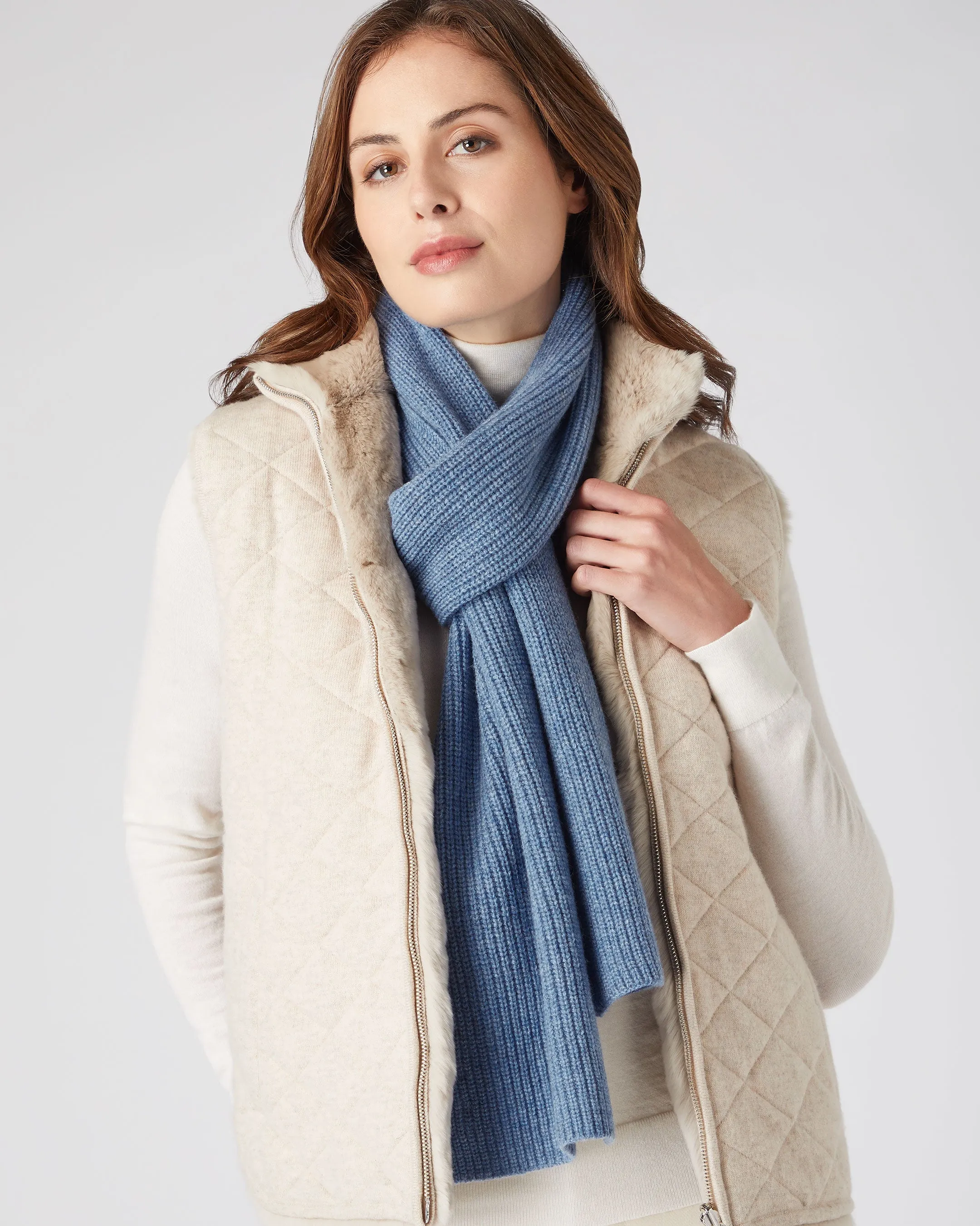 Unisex Ribbed Cashmere Scarf Faded Indigo Blue