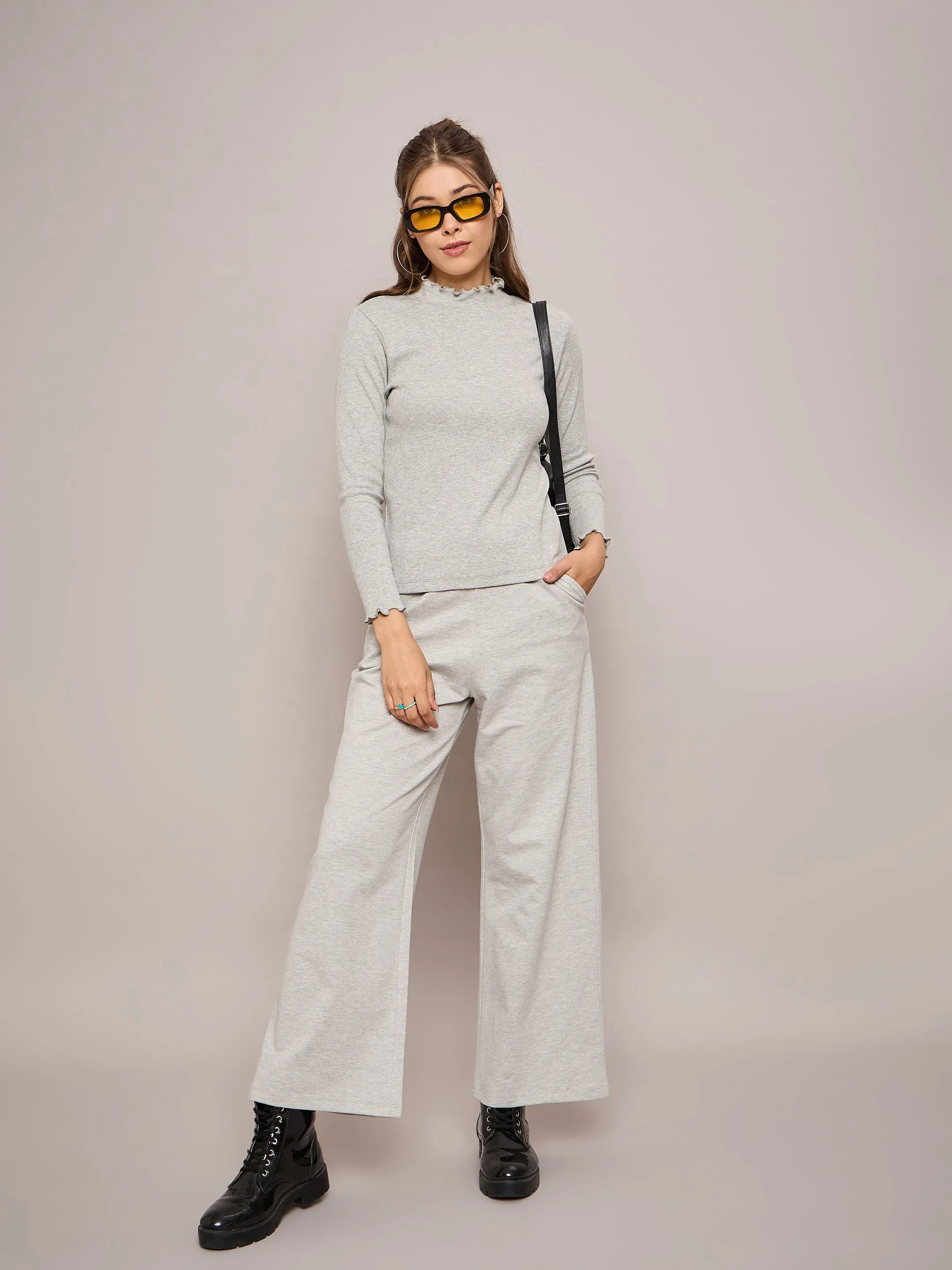 Women Grey Melange Rib High Neck Full Sleeve Top  With Terry Pants